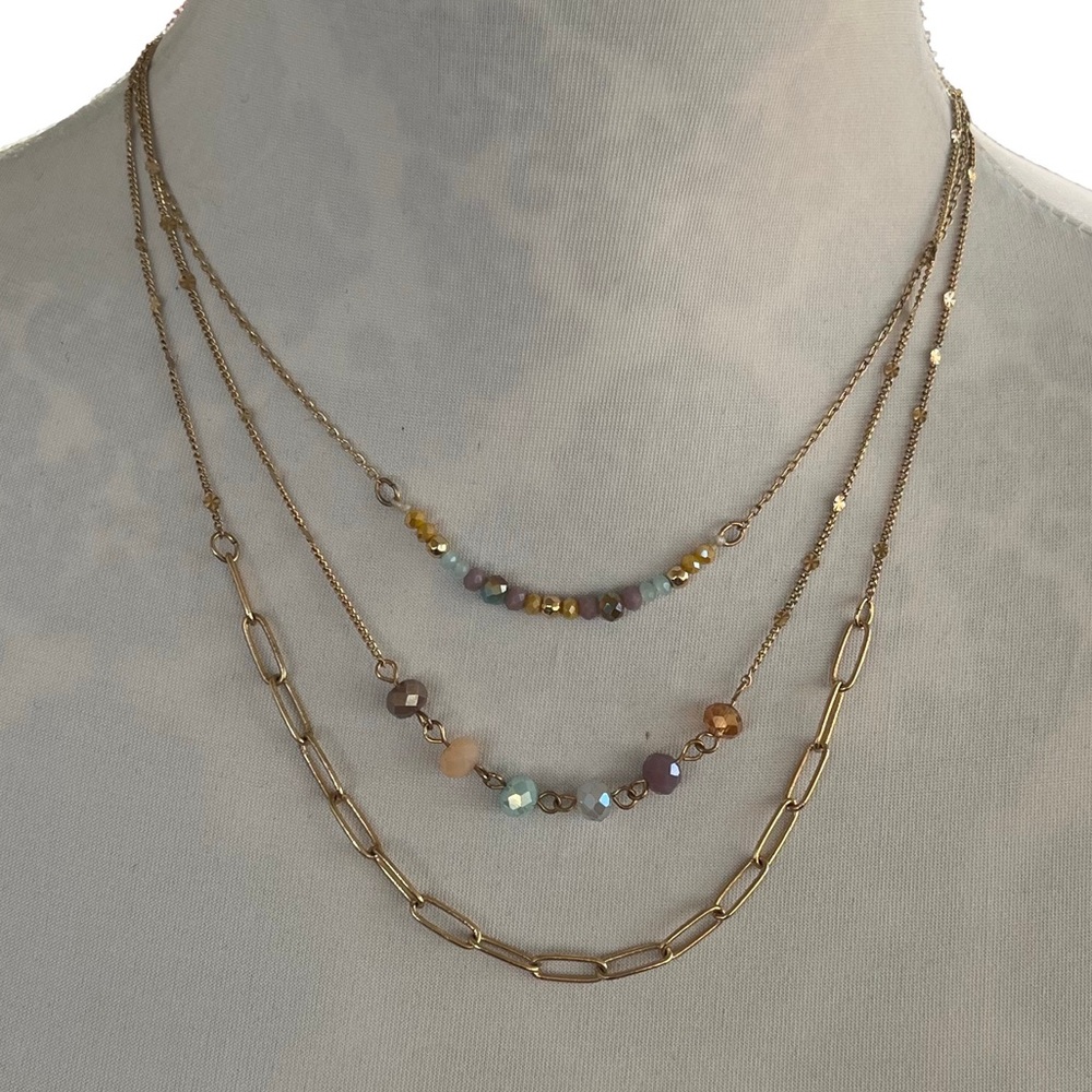 Layered Beaded & Paperclip Chain Necklace – Gold Tone